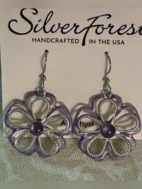 New Silver Forest Earrings Amethyst Silver Tone Dangle Wire Surgical Steel